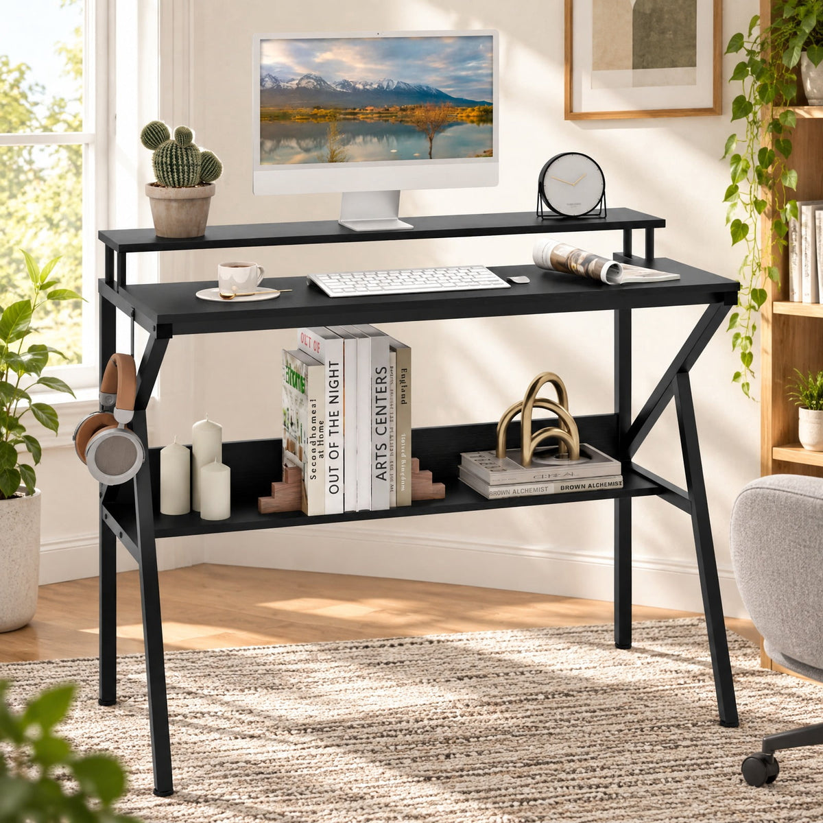 Airfind Space Saving Computer Desk with Monitor Stand and Extra Storage Shelf for Work Study, 200 lbs Capacity, Engineered Wood Metal Frame, Black