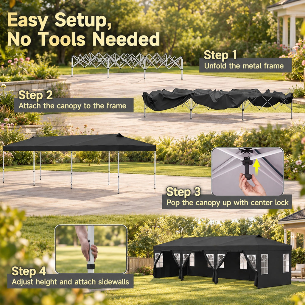Airfind 10 x 30 FT Pop Up Canopy Tent with 8 Sidewalls and Adjustable Height, PE Metal Fabric Frame, 30 x 10 x 8.5/8.2/7.9 ft Footprint, Black