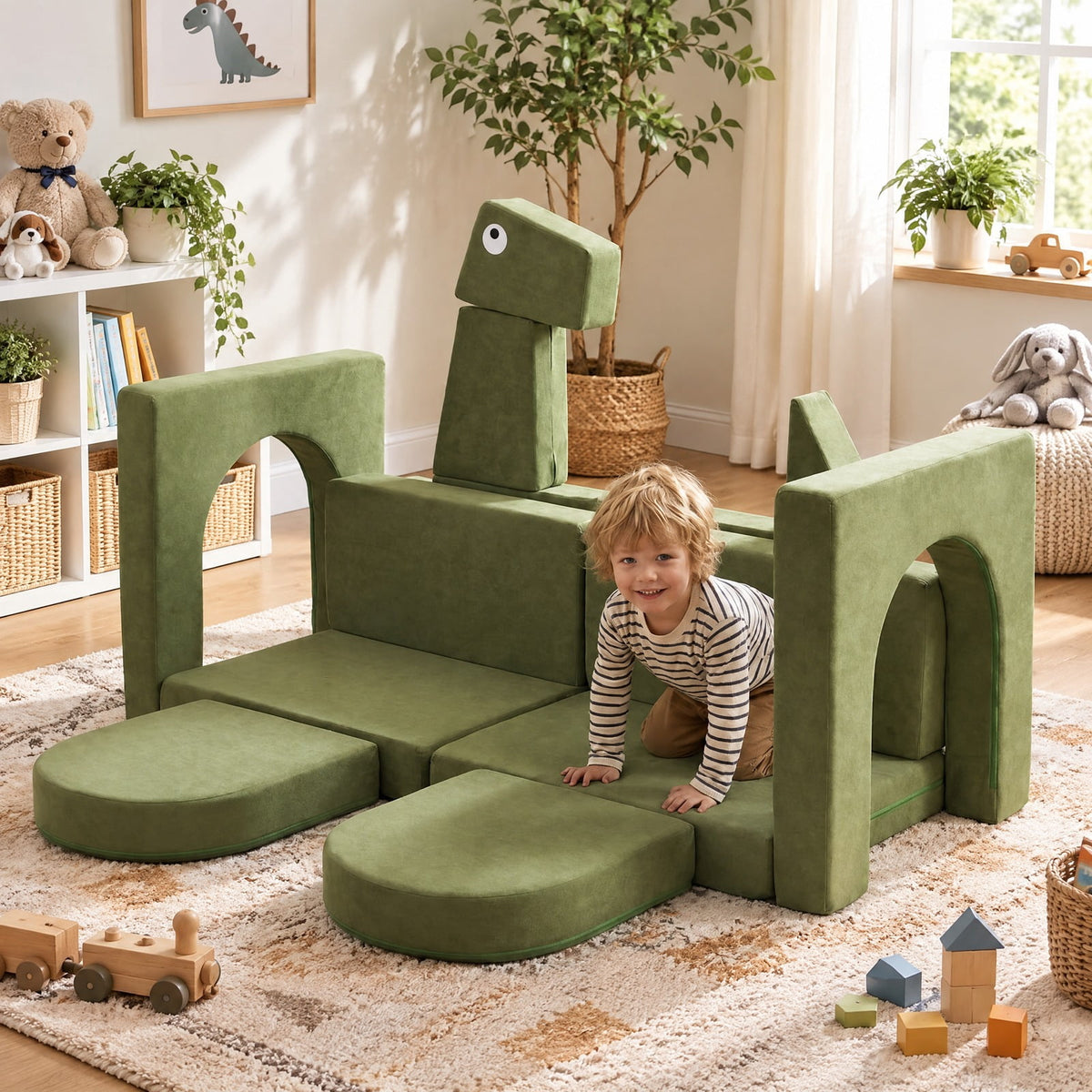 Airfind 13 Pieces Modular Youth Play Couch for Inspiring Creativity, Velvet Fabric, for 3 and Years Old, 56 Inch X 23.5 Inch X 38.5 Inch, Dinosaur, Unspecified