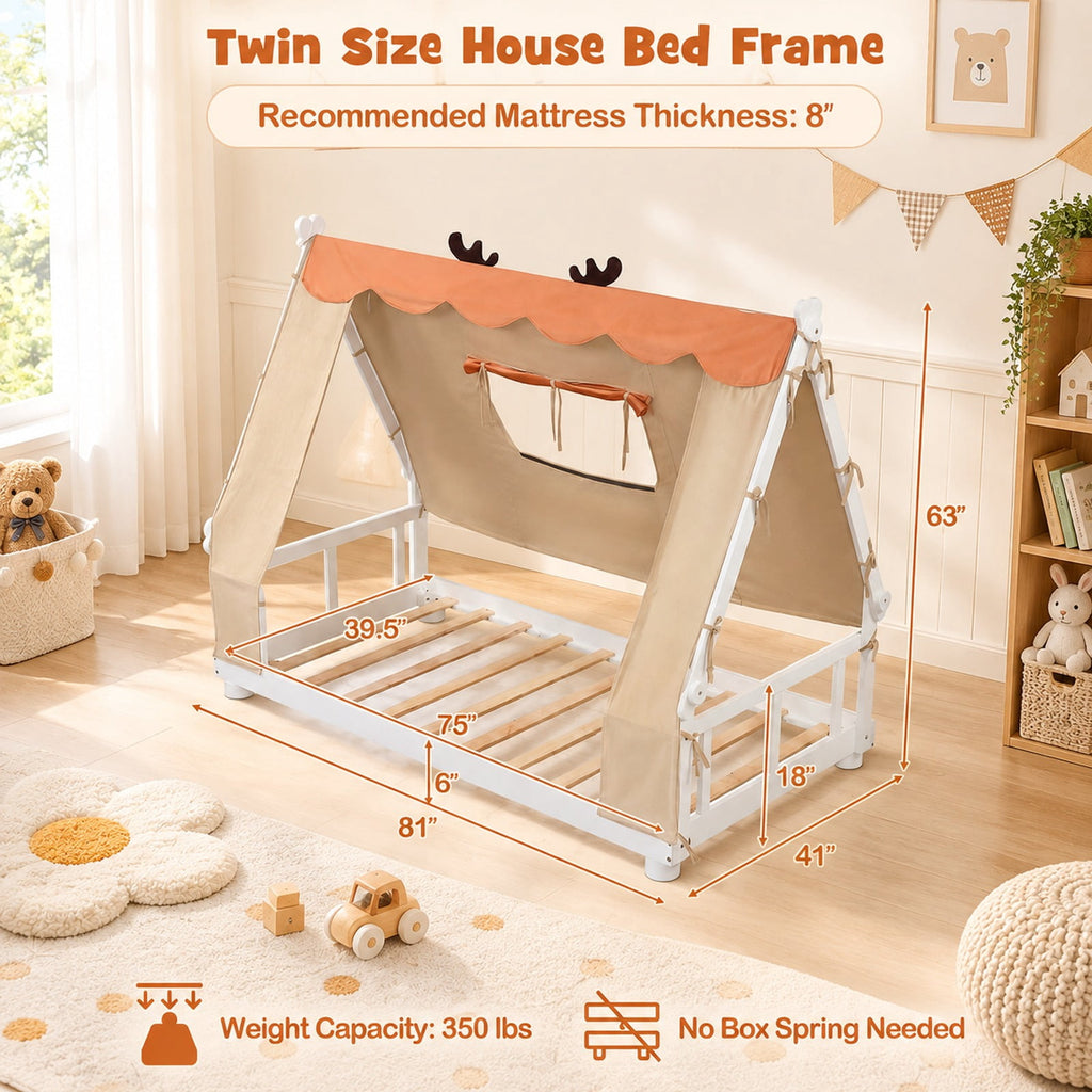 Airfind Twin Size House Floor Wood Bed with Tent, 350 lbs Capacity, Pine Wood Plywood Dutch Velvet Fabric Frame, 81 Inch x 41 Inch x 63 Inch Footprint, White