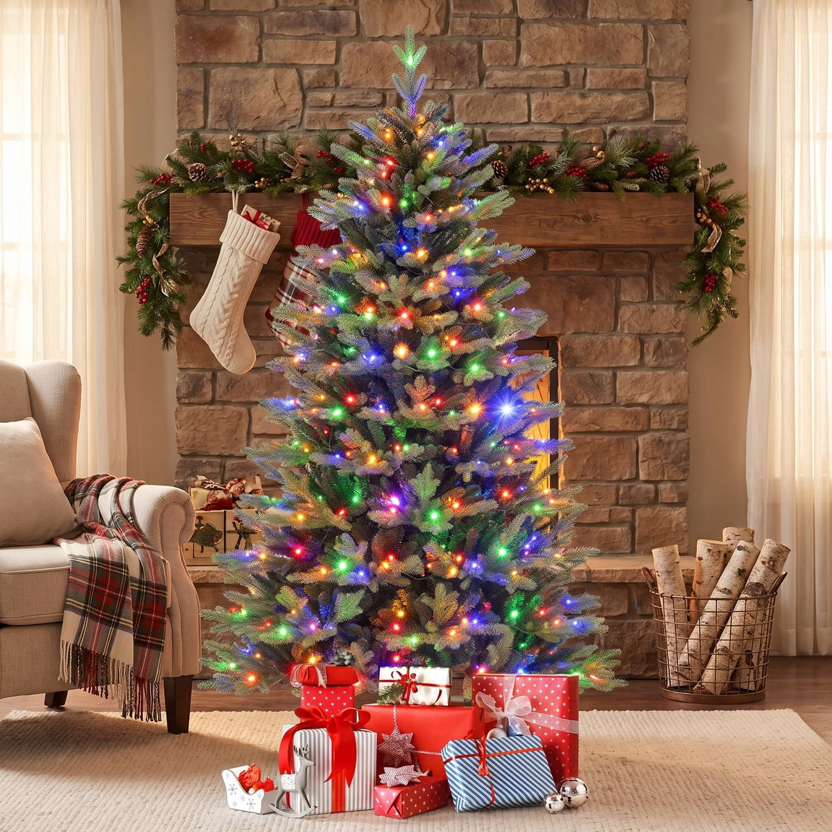 Airfind 6 Feet Artificial Xmas Tree Hinged with 11 Lighting Modes and Remote Control-6 ft, Green, Diameter of Stand 18/20/22