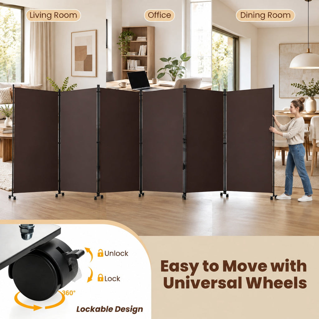 Airfind 6 Panel Folding Privacy Screen Room Divider with Wheels, Polyester Fabric Metal PP Frame, 205 x 12 x 71.5 Footprint, Coffee