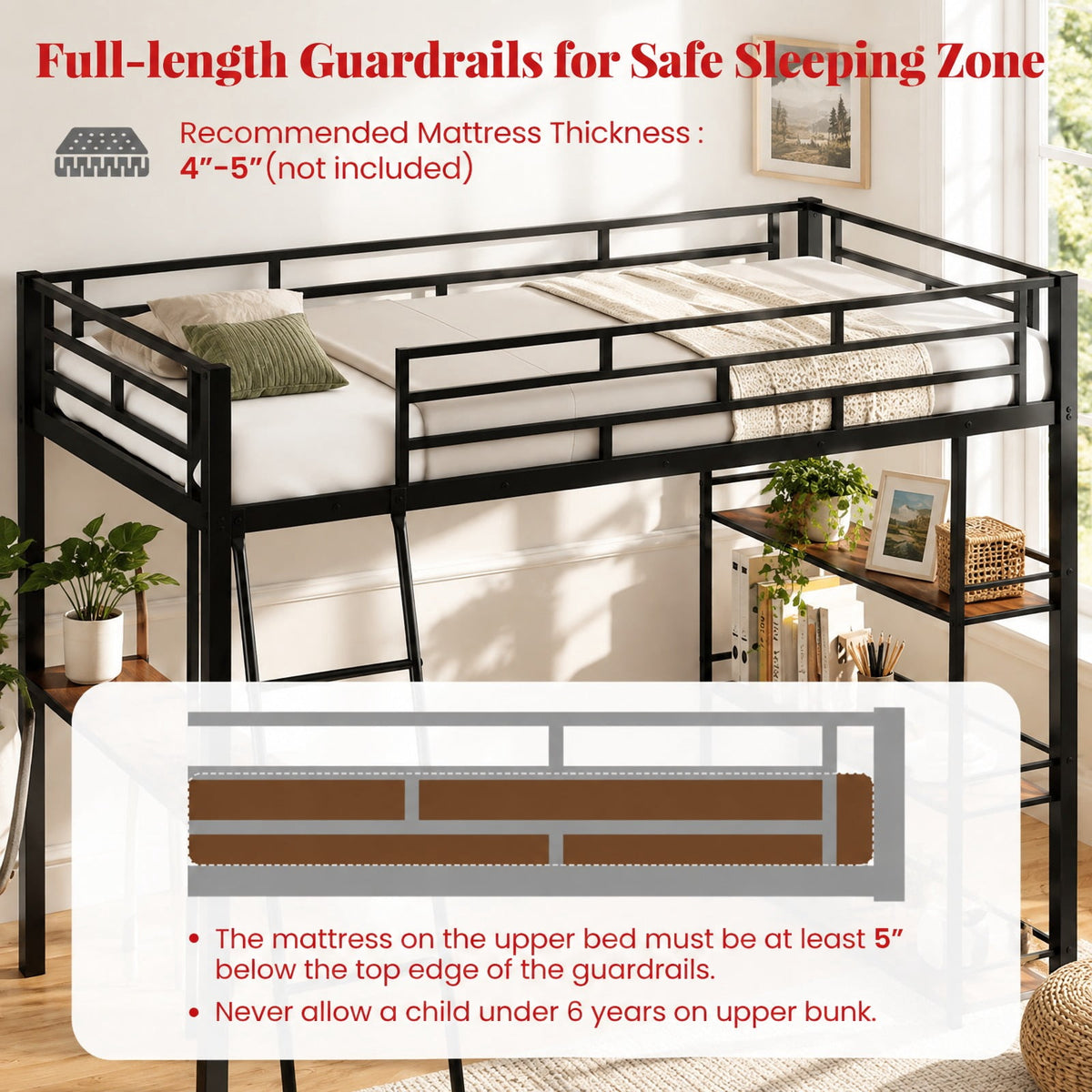 Airfind Twin Size Loft Bed with Desk and Shelves for Kids and Home, 440 lbs Capacity, Metal MDF Frame, 78 x 55.5 x 66.5 Footprint, Black
