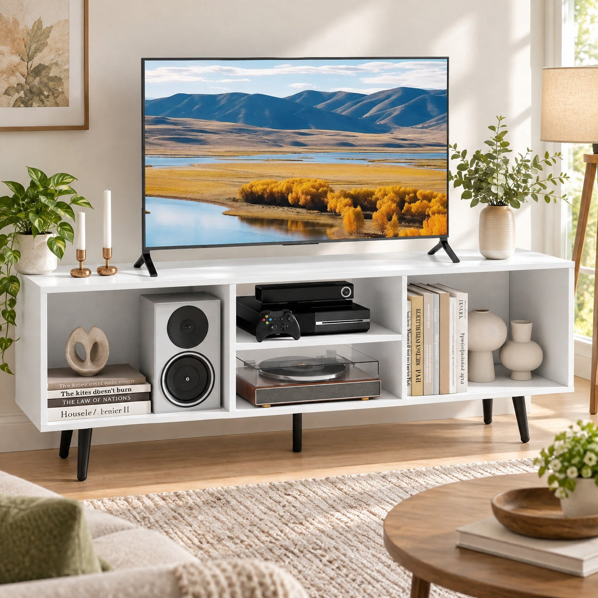 Airfind 47.5 Inches TV Stand for 55-Inch TV with Compartments and Metal Legs, 132 lbs Capacity, Engineered Wood MDF Metal Frame, White