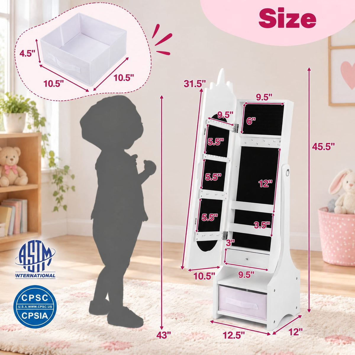 Airfind Kids Jewelry Armoire Cabinet with Storage and 2 Tilt Angles, MDF Frame, 12.5 x 12 x 45.5 Footprint, White