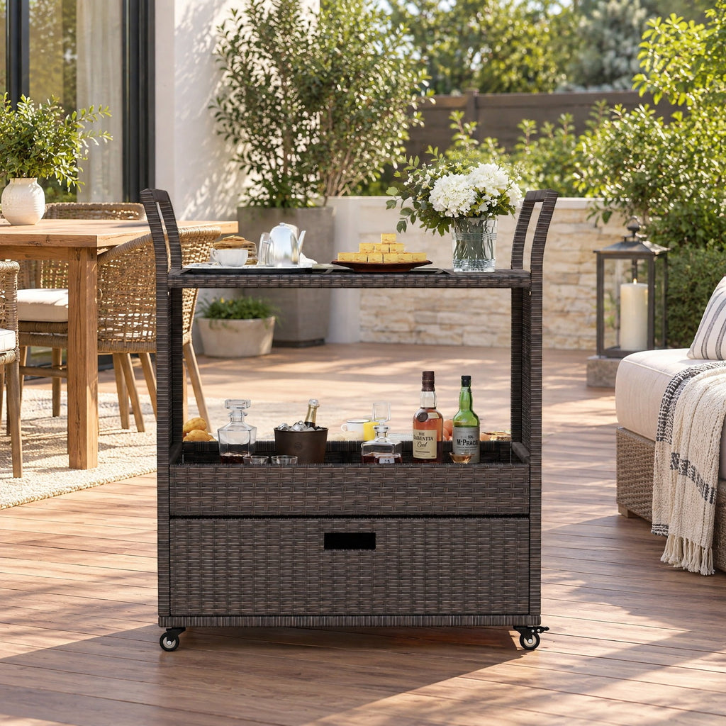 AIRFIND Outdoor Bar Cart with Wicker Exterior, Tempered Glass Top, Storage Drawer and Shelf, Four Casters with Two Brakes, 33.5 in Wide