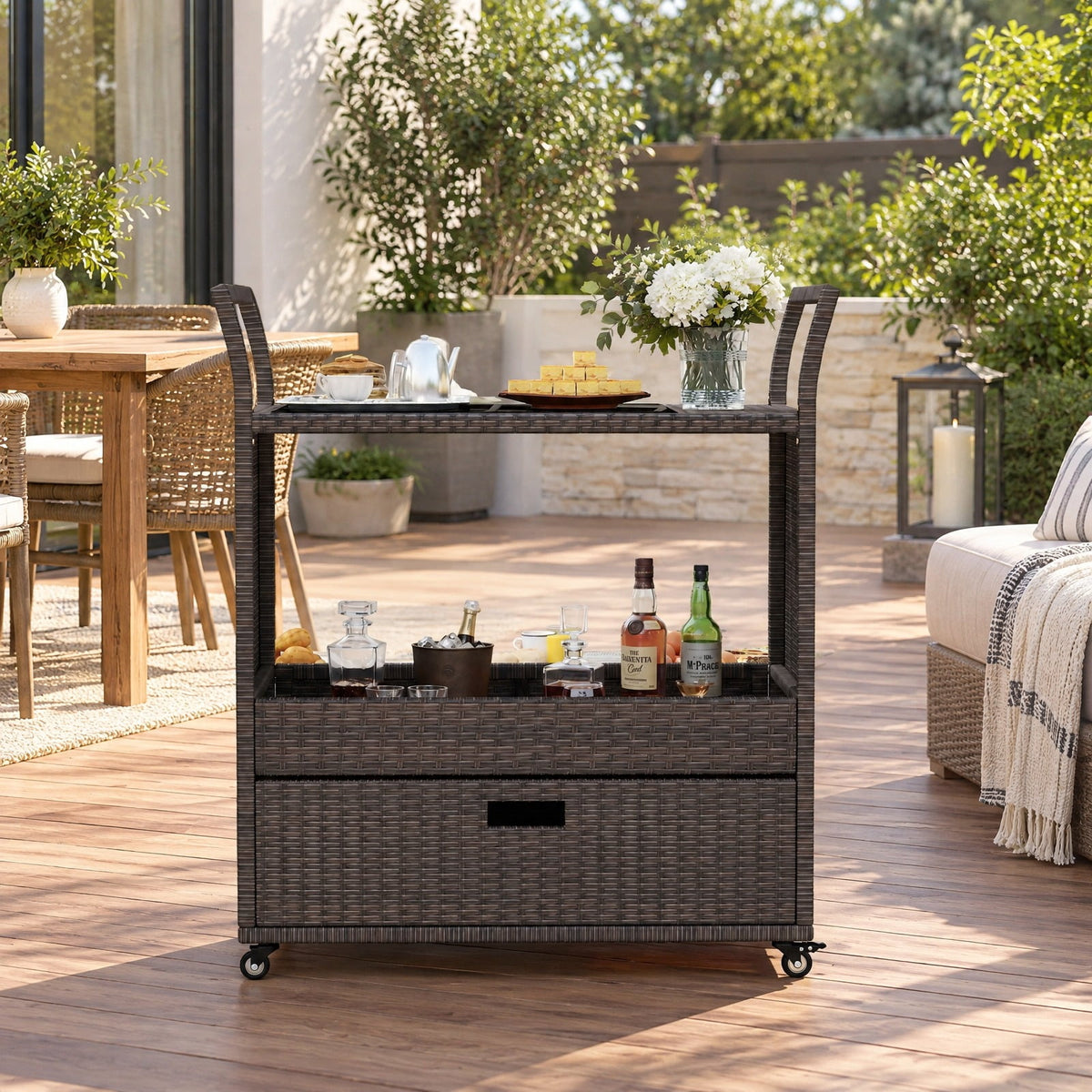 AIRFIND Outdoor Bar Cart with Wicker Exterior, Tempered Glass Top, Storage Drawer and Shelf, Four Casters with Two Brakes, 33.5 in Wide