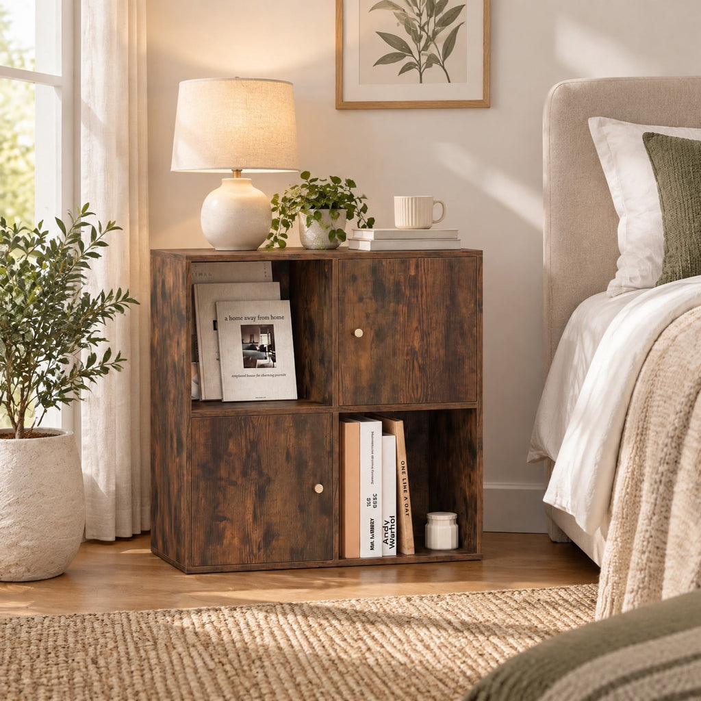 Airfind 4-Cube Bookcase 3-Tier Bookshelf with Dual Anti-Tipping Kits and 2 Cabinets, 110 lbs Capacity, MDF Engineered Wood Frame, Brown