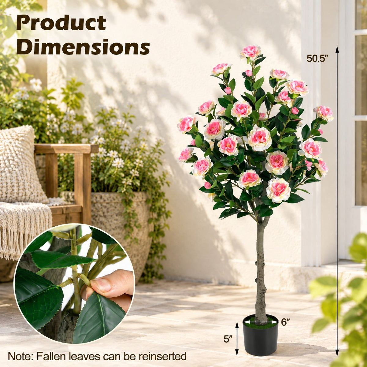 Airfind Artificial Camellia Tree with 27 Blossoms in Cement Pot for Home-Set of 1, Pink Green Black