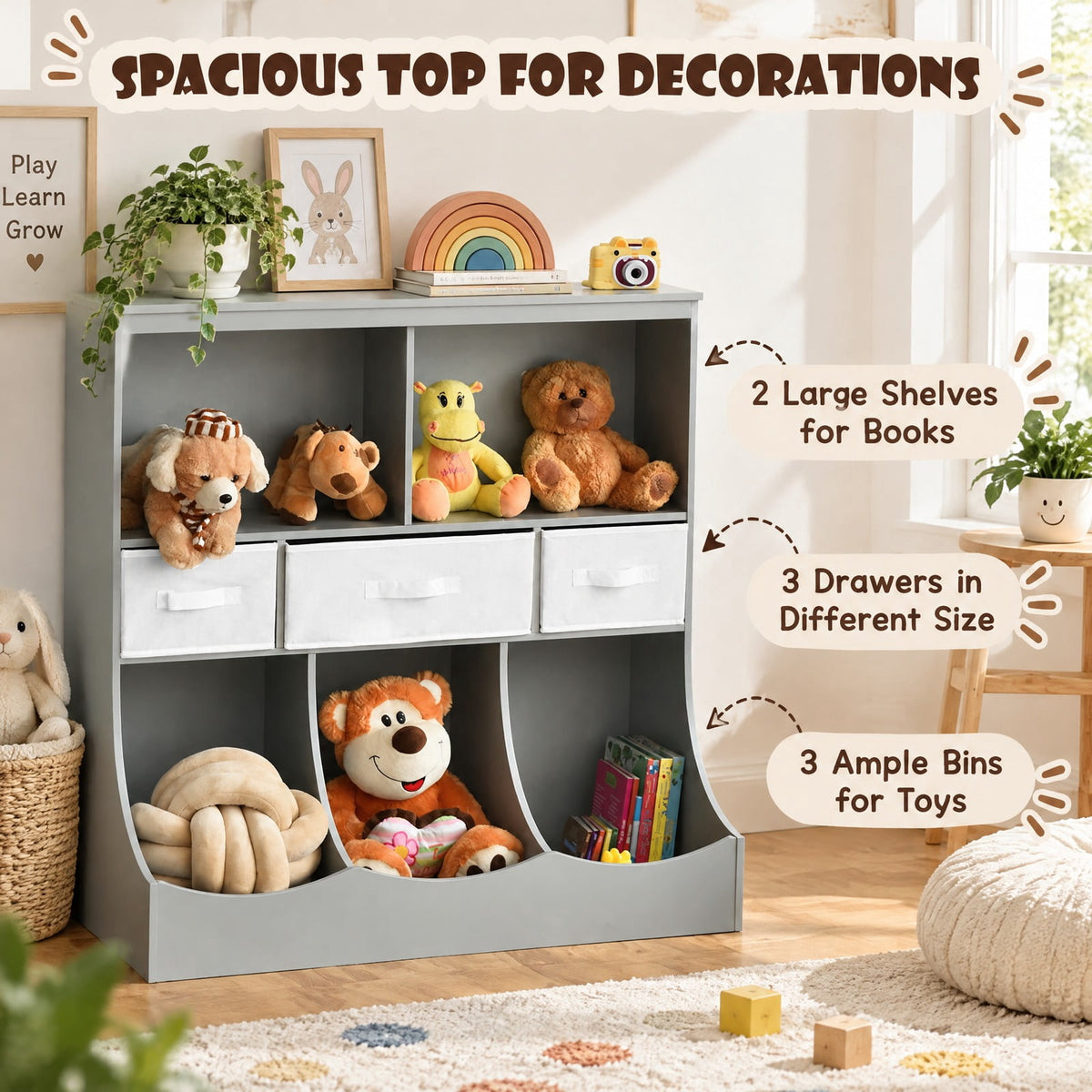 Airfind Freestanding Combo Cubby Bin Storage Organizer Unit W/3 Baskets, 66 lbs Capacity, 37 x 16 x 37 (L x W x H) Big drawer Footprint, Gray