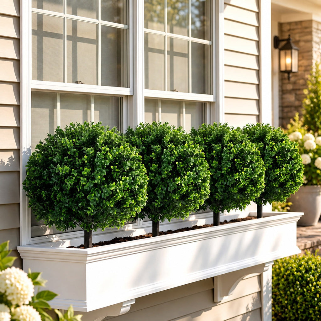 Airfind 27 Inch Artificial Boxwood Topiary Trees Set of 2 with Ground Spikes for Porch Patio, 14 Inch x 27 Inch Length of Ground Spike 8 Inch Total Footprint