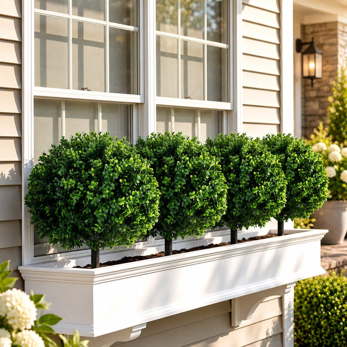 Airfind 27 Inch Artificial Boxwood Topiary Trees Set of 2 with Ground Spikes for Porch Patio, 14 Inch x 27 Inch Length of Ground Spike 8 Inch Total Footprint
