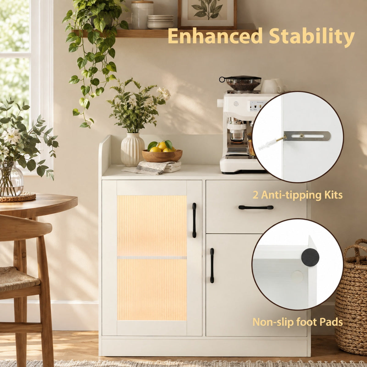 Airfind LED Buffet Sideboard with Charging Station with Drawer and Translucent Fluted Door, 110 lbs Capacity, Engineered Wood MDF PC Frame, White