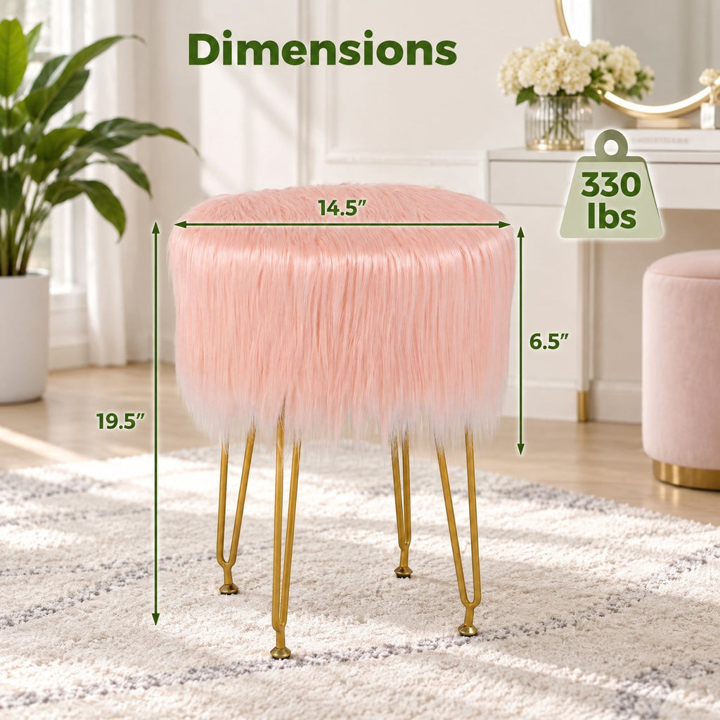 Airfind Faux Fur Vanity Stool Chair with Metal Legs for Bedroom and Living Room, 330 lbs Capacity, Faux Fur Sponge Metal MDF Plywood Frame, Pink