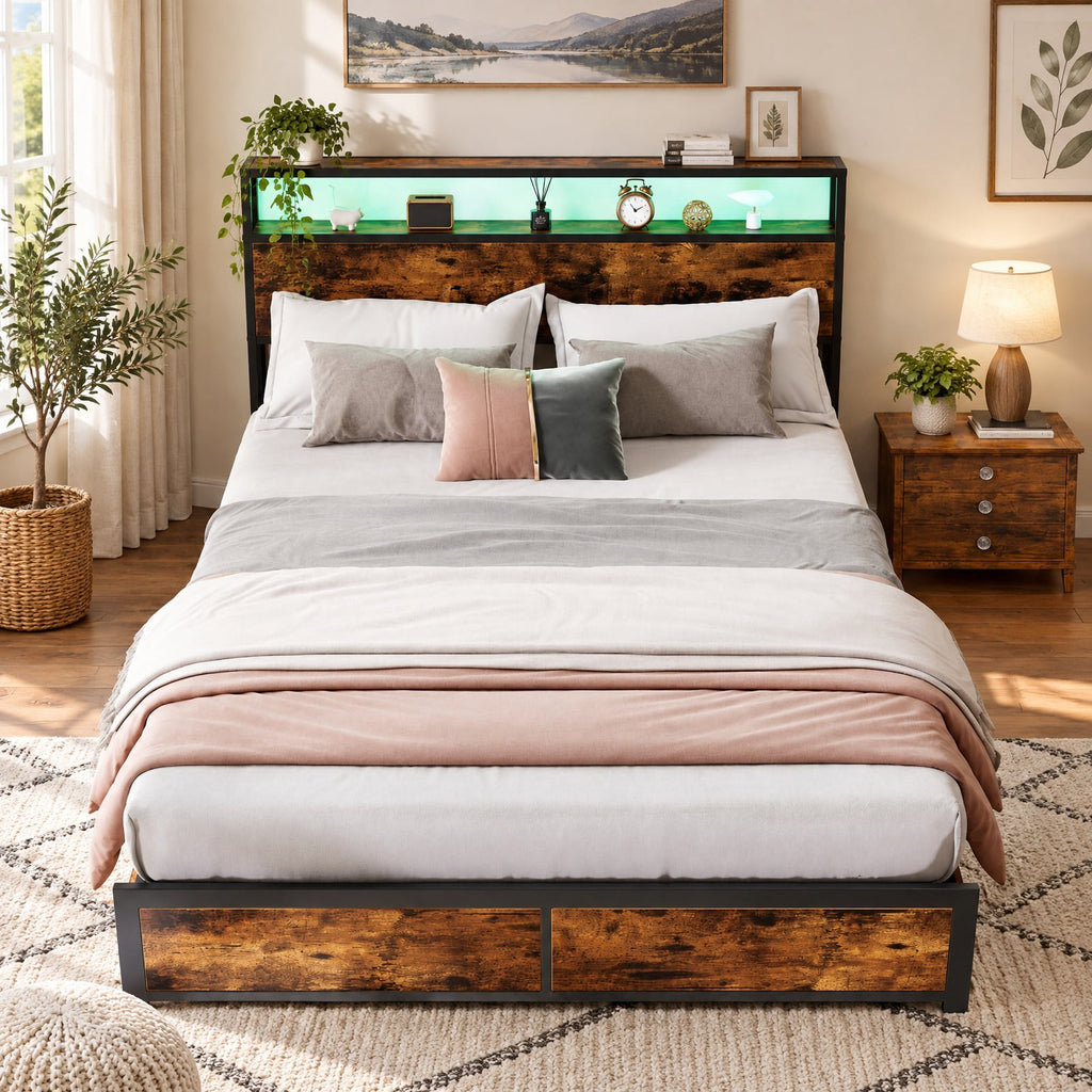 Airfind Full/Queen Size LED Bed Frame with Charging Station and 4 Storage Drawers, 81 Inch x 56 Inch x 40 Inch Inner Footprint