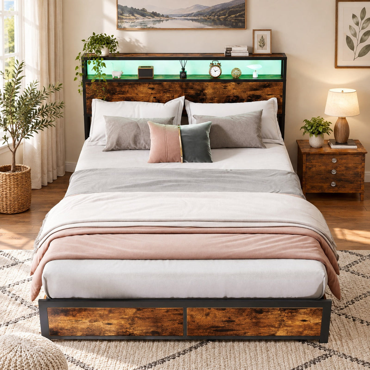 Airfind Full/Queen Size LED Bed Frame with Charging Station and 4 Storage Drawers, 81 Inch x 56 Inch x 40 Inch Inner Footprint