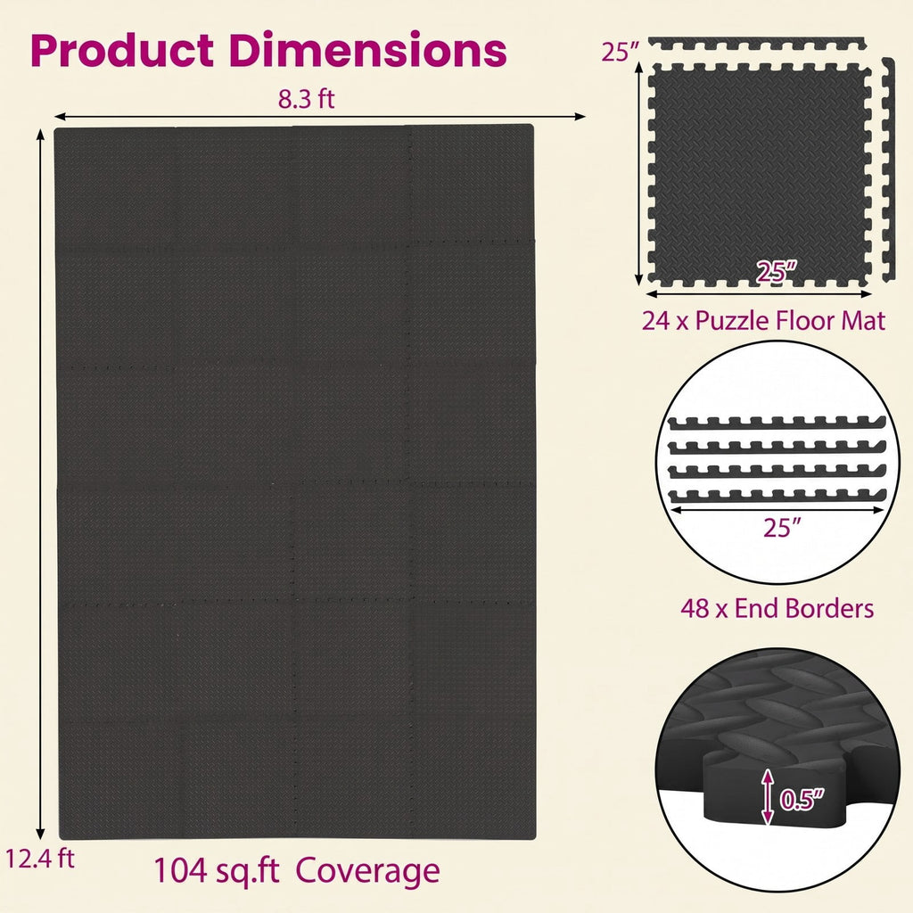 Airfind 24 Tiles Puzzle Exercise Floor Mat with Interlocking EVA Foam and Non-Slip Texture for Home Gym Equipment Protection, Black