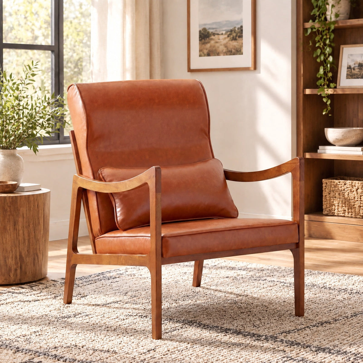 Airfind Modern Accent Chair with Solid Rubber Wood Faux Leather Upholstered Armchair, 400 lbs Capacity, 34.5 x 25.5 x 35 Footprint, Brown