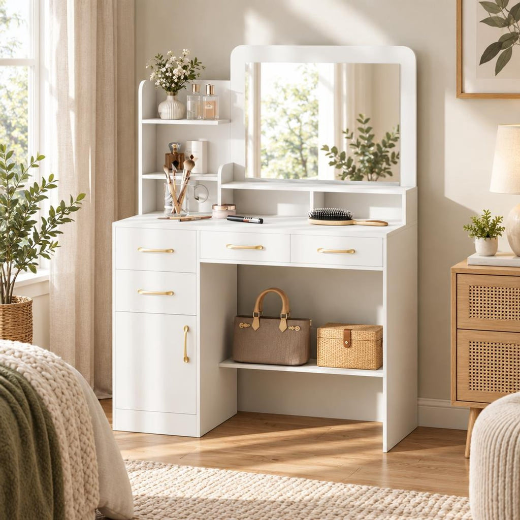 Airfind 39.5 Inch Vanity Desk with Power Outlets and Mirror for Bedroom, 85 lbs Capacity, 39.5in x 15.5in x 53inMirror Footprint, White