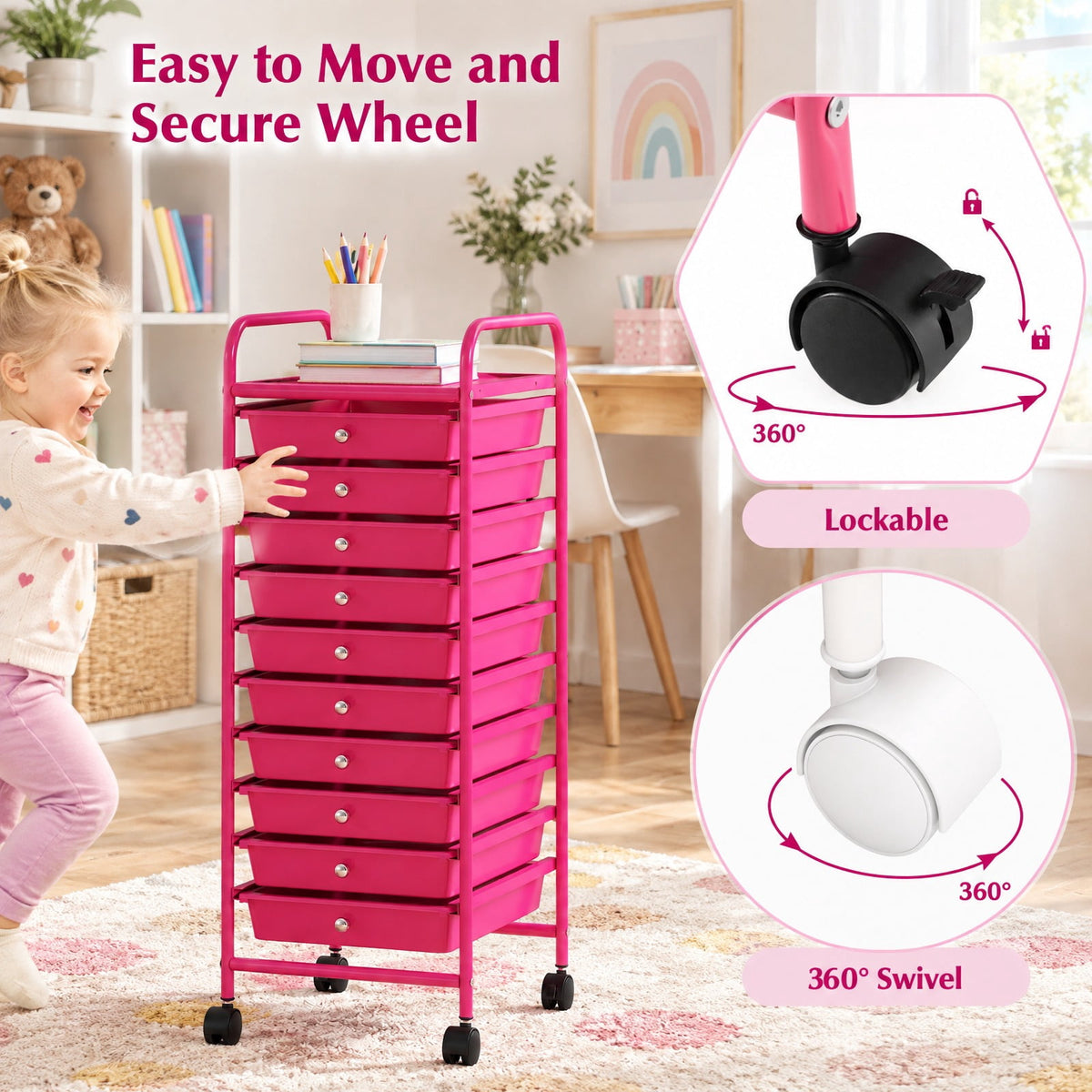Airfind 10 Drawer Rolling Storage Cart Organizer with 4 Universal Casters, 3 lbs Capacity, Steel Plastic Frame, Pink