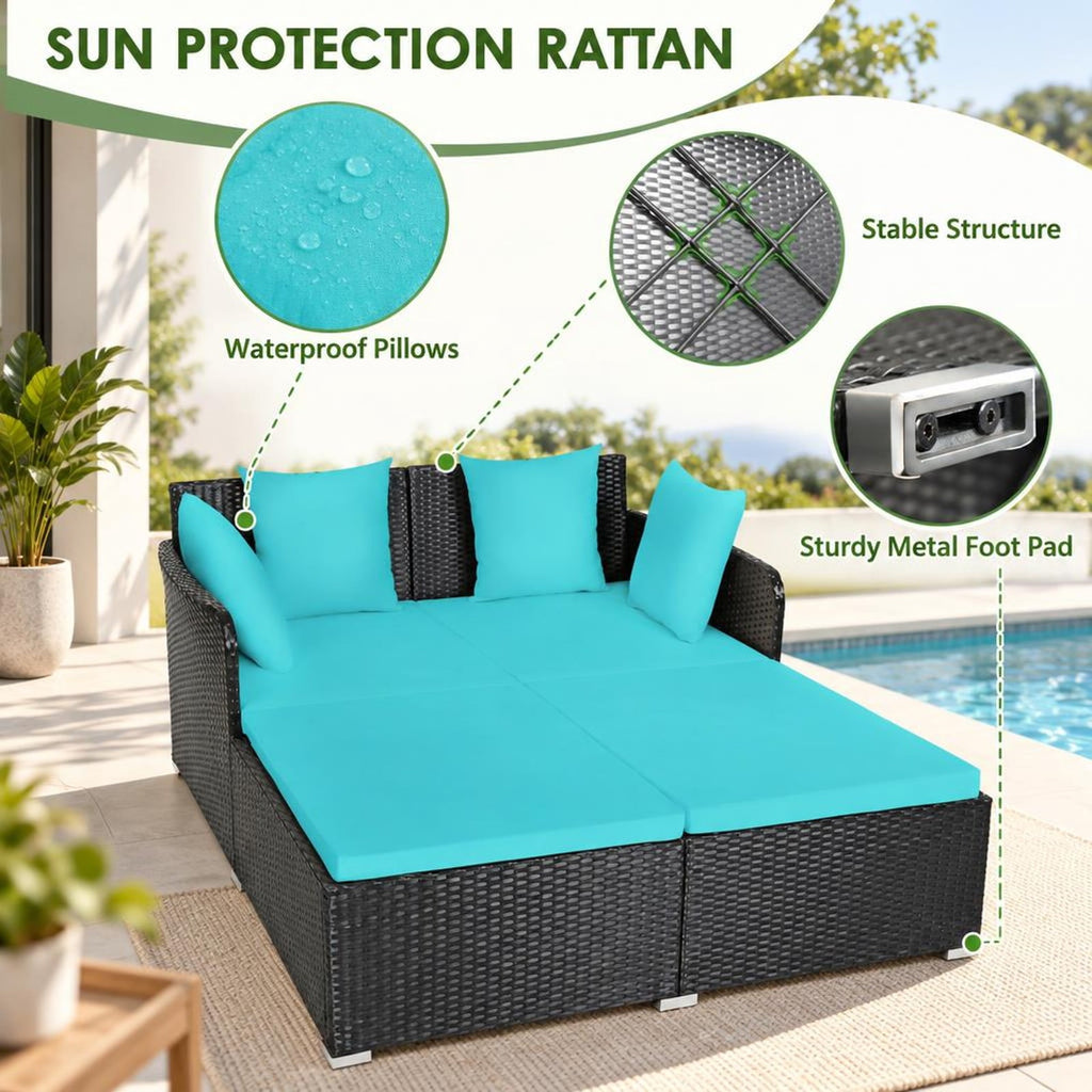 Airfind Spacious Outdoor Rattan Daybed with Upholstered Cushions and Pillows, 800 lbs Capacity, Rattan Steel Sponge Frame, Turquoise