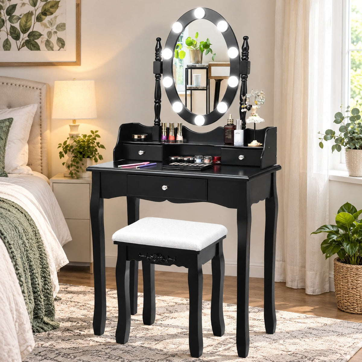 Airfind Oval Mirror Vanity Set with 10 LED Dimmable Bulbs and 3 Drawers, 287 lbs Capacity, MDF Pine Frame, Black