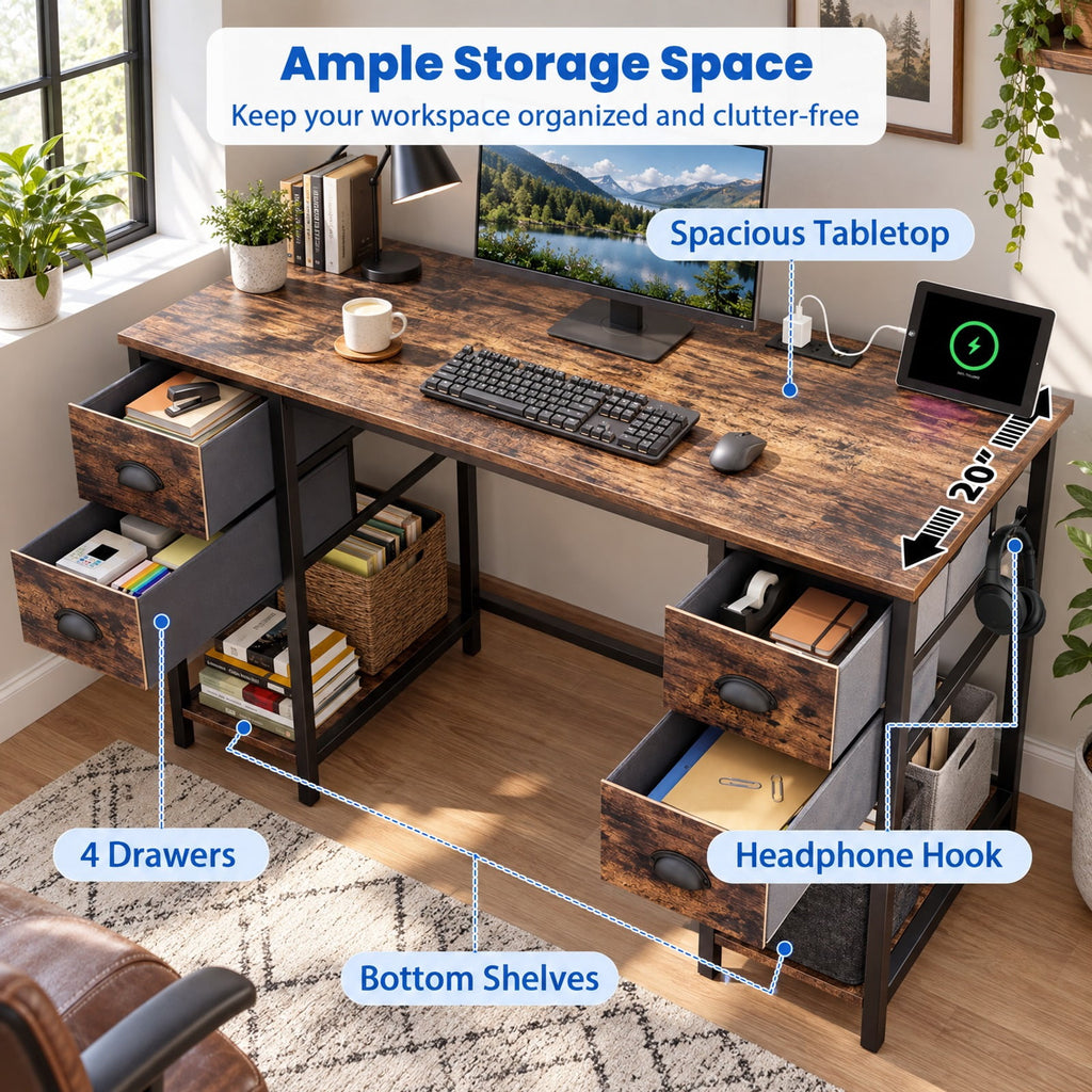 Airfind 48 Inches Computer Desk with Power Outlet Home Office Desk with 4 Fabric Drawers, 110 lbs Capacity, Engineered Wood Metal Fabric Frame