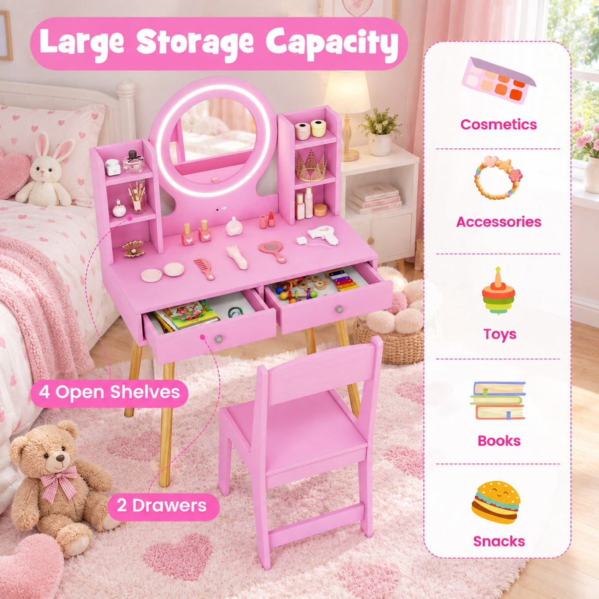 Airfind Youth Vanity Set featuring Lighted Mirror and Storage Drawers, 110 lbs Capacity, Engineered Wood Frame, for 3+ Years Old, Pink