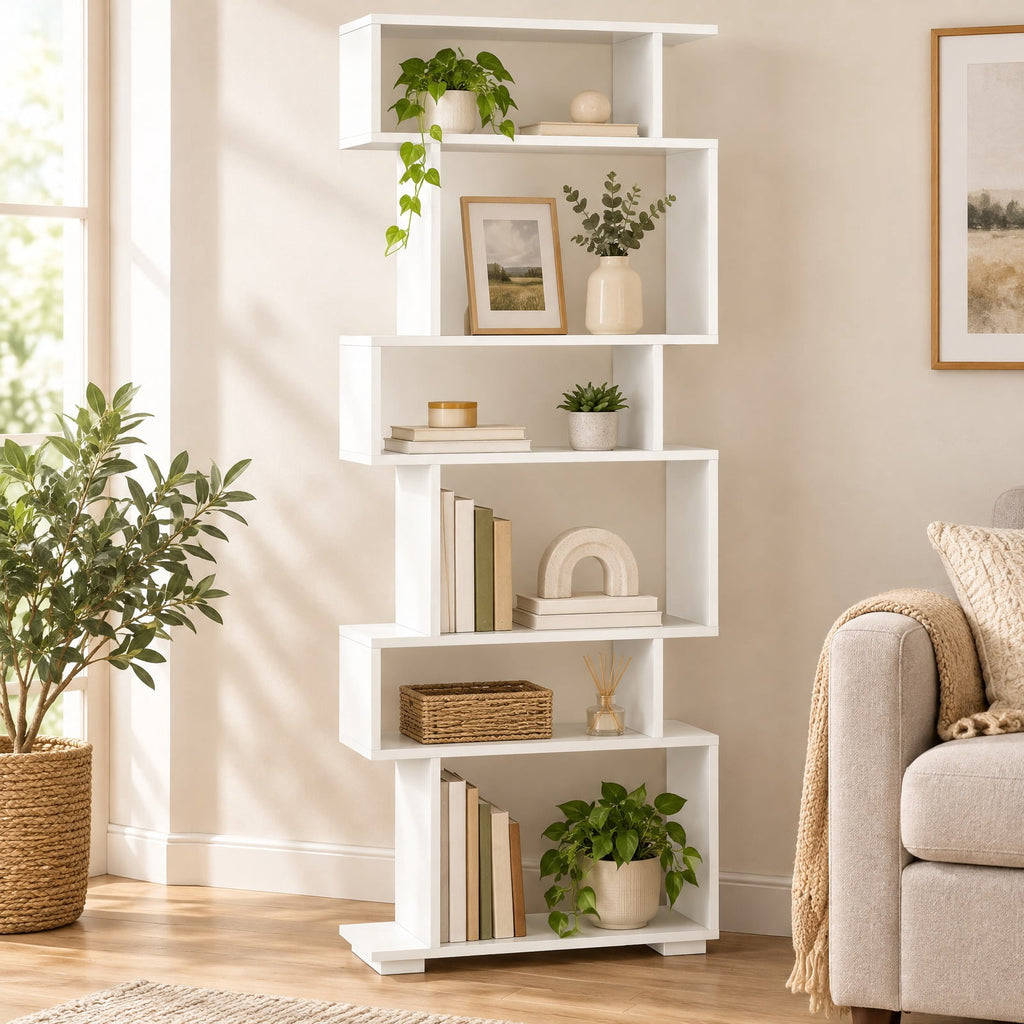 Airfind 6-Tier Geometric Bookshelf with 2 Anti-Tipping Kits for Home Office, 11 lbs Capacity, Engineered Wood Frame, 24 x 8 x 64 Footprint, Wood