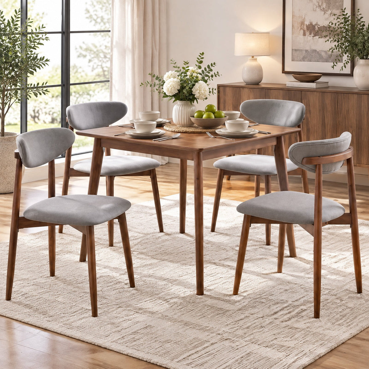 Airfind Set of 4 Fabric Upholstered Dining Chairs with Curved Backs, 330 lbs Capacity, Rubber Wood Polyester Fabric Sponge Frame, Gray