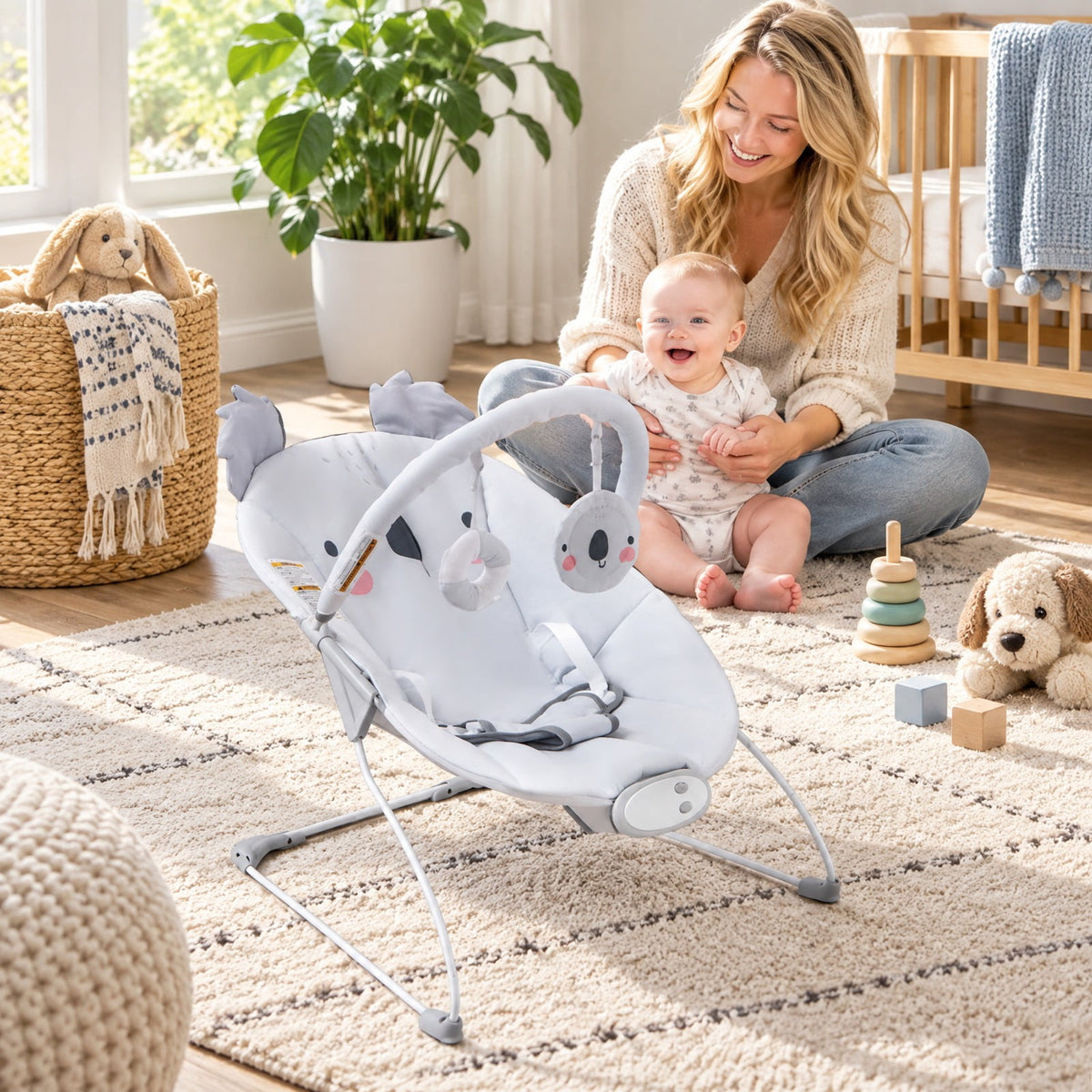 Airfind Portable Youth Bouncer Rocker Seat featuring Detachable Toy Bar, 20 lbs Capacity, Peach Velvet Fabric Polyester Metal ABS TPE Frame, Gray