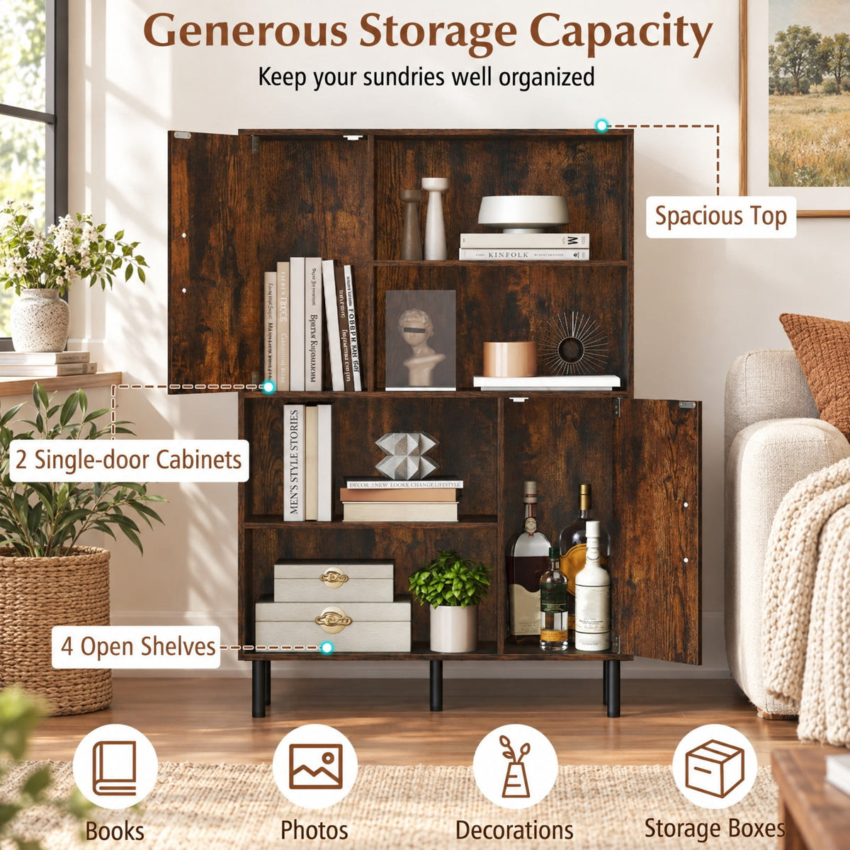 Airfind 47 Inch Storage Cabinet Freestanding Bookcase with 2 Doors and 4 Open Shelves, 176 lbs Capacity, Engineered Wood MDF Metal Frame, Brown