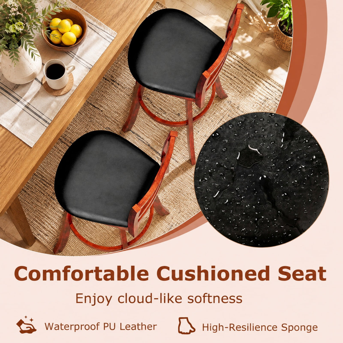 Airfind Swivel Barstools Set of 2 with Backrest and Footrest-29 Inches, 350 lbs Capacity, Rubberwood PU MDF Sponge Frame, Antique Walnut + Black