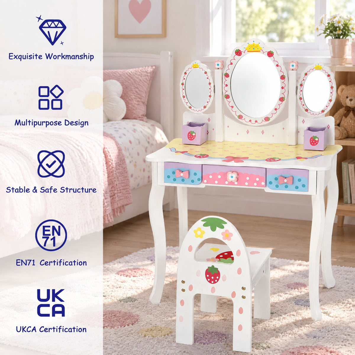 Airfind Kids Vanity Princess Makeup Dressing Table Chair Set with Tri-fold Mirror, 44 lbs Capacity, MDF Frame, White