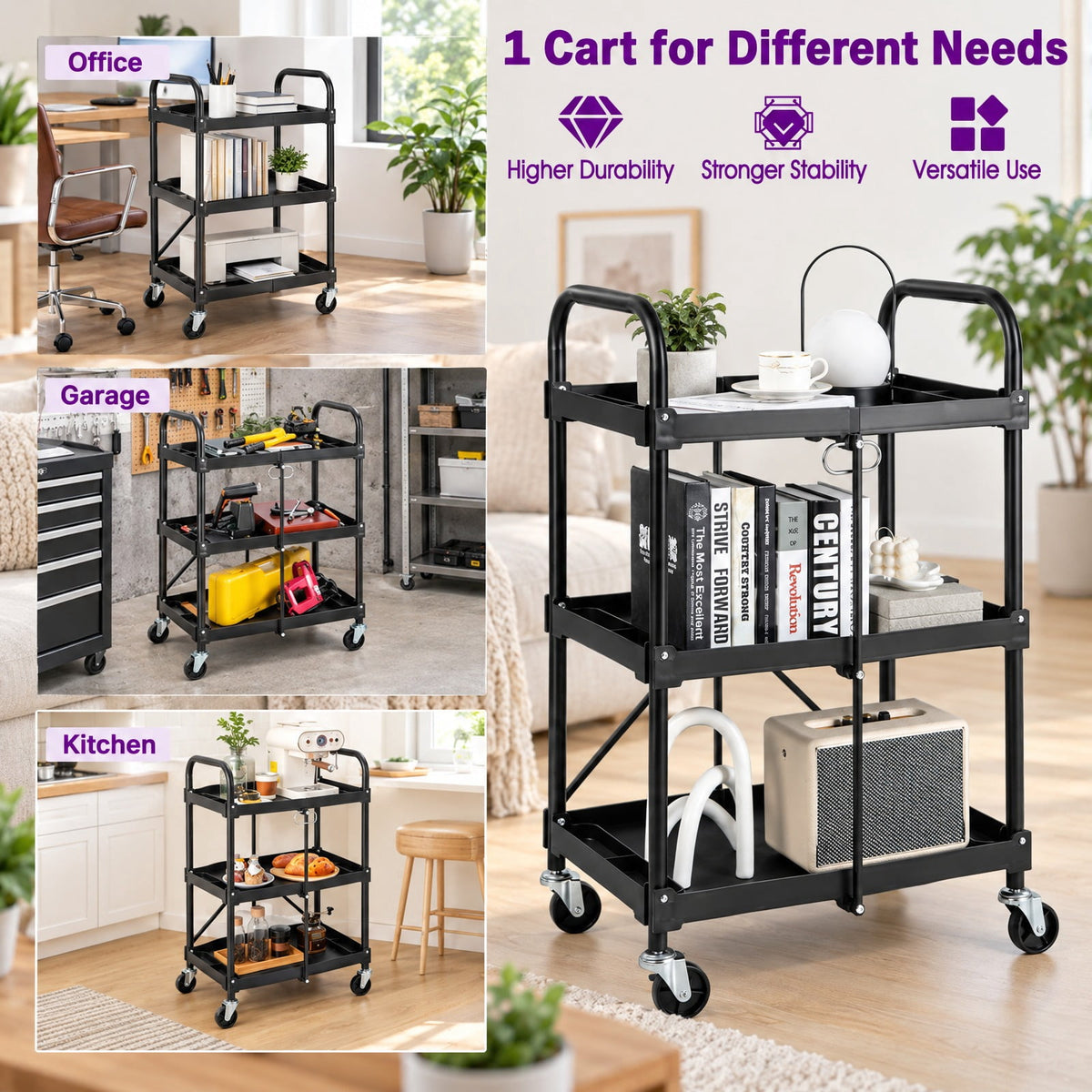 Airfind 3-Tier Folding Trolley Cart with Universal Wheels Heavy Duty for Warehouse, 33 lbs Capacity, Metal Frame, 24 x 16 x 38.5 Footprint, Black
