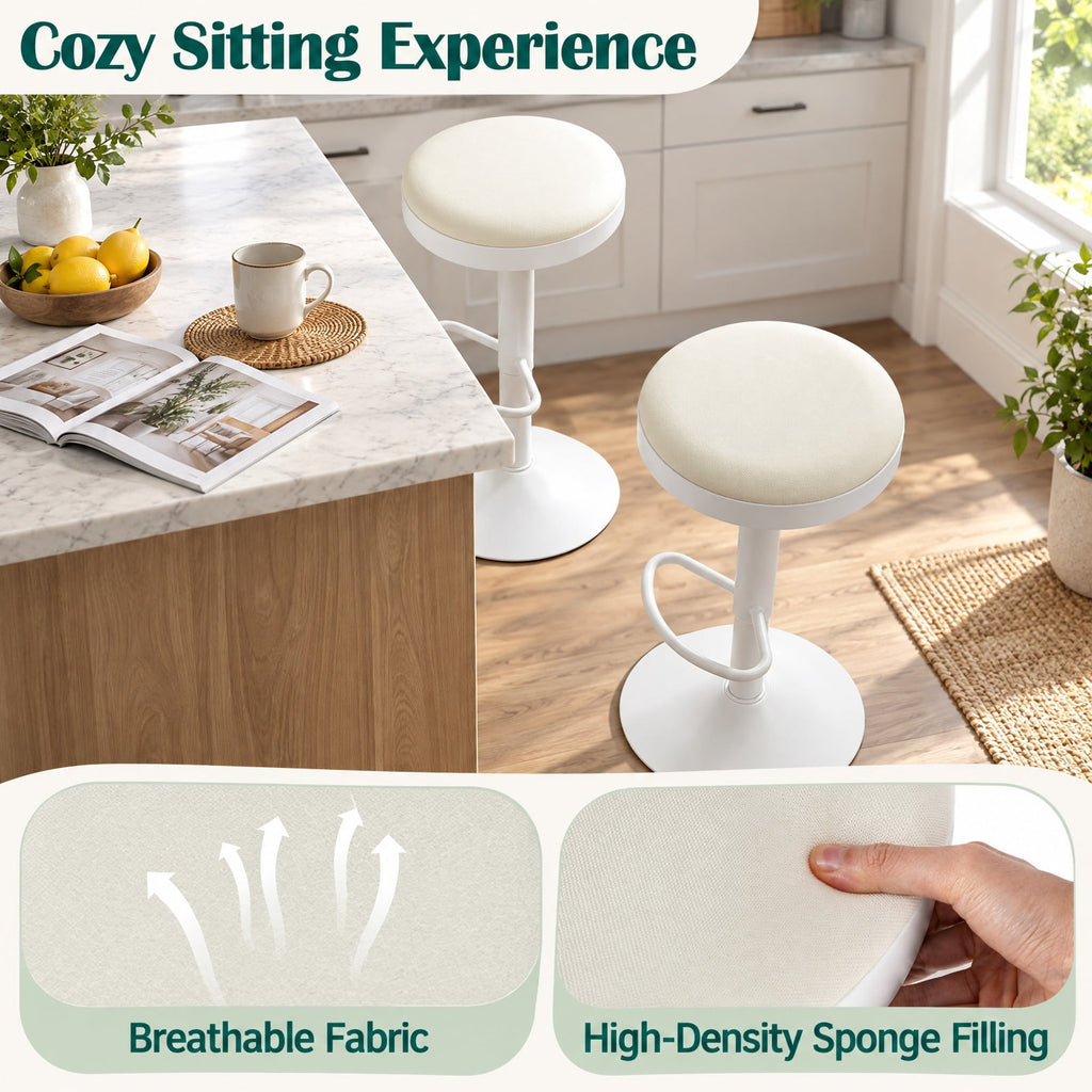 Airfind Set of 4 Kitchen Bar Stools with Height Adjustment Padded Seat and D-Shaped Footrest, 330 lbs Capacity, Metal Sponge Fabric Frame, White