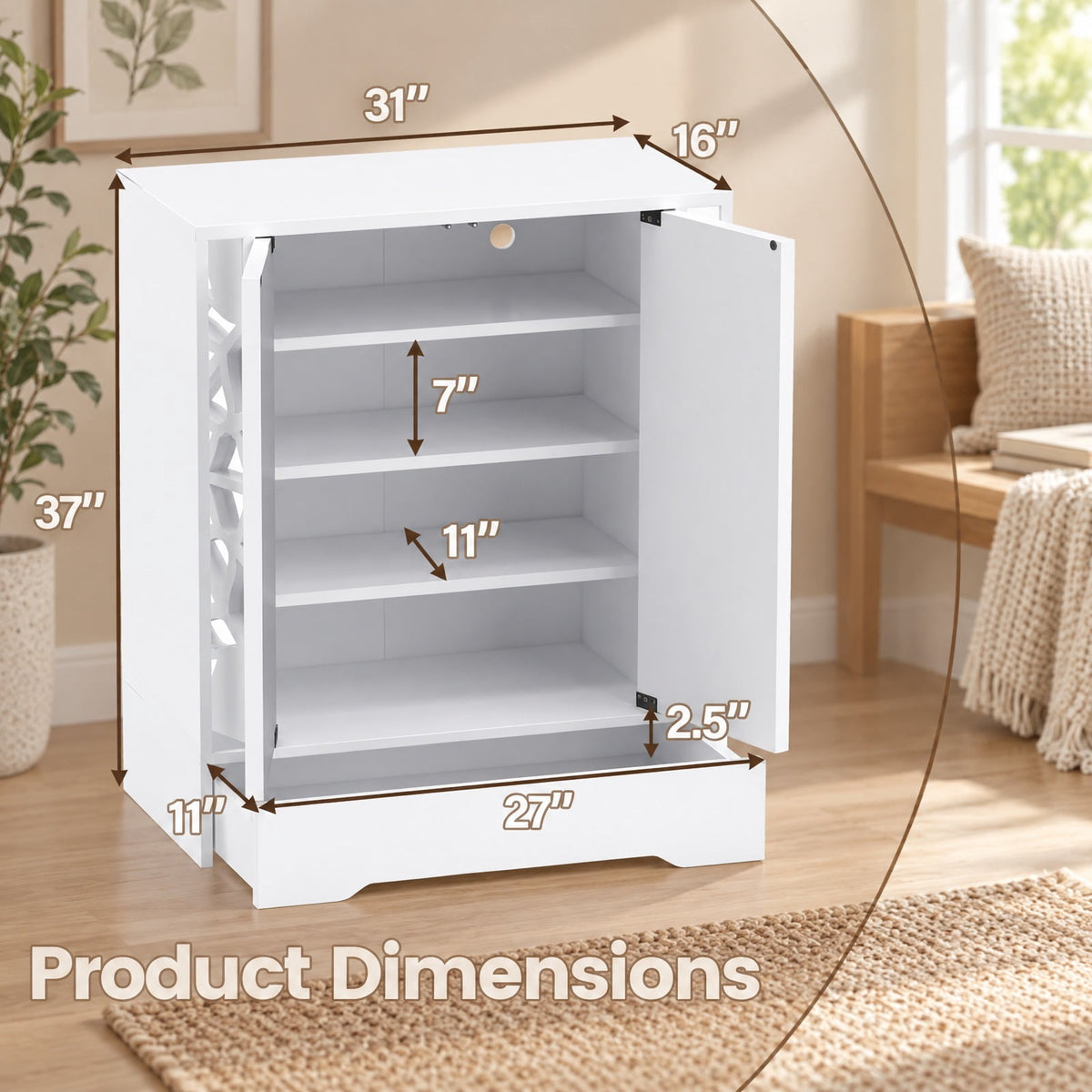 Airfind Mirrored Shoe Cabinet 4-Tier Shoe Organizer with Large Drawer, MDF Engineered Wood Frame, 31 x 16 x 37 inch Footprint, White