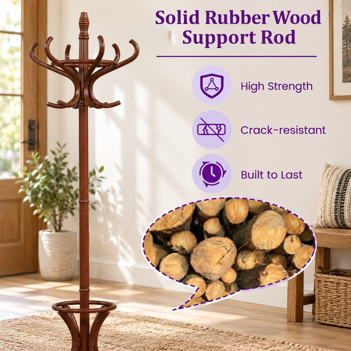 Airfind Wood Standing Hat Coat Rack with Umbrella Stand, 22 lbs Capacity, 16in x 16in x 73in Footprint, Brown