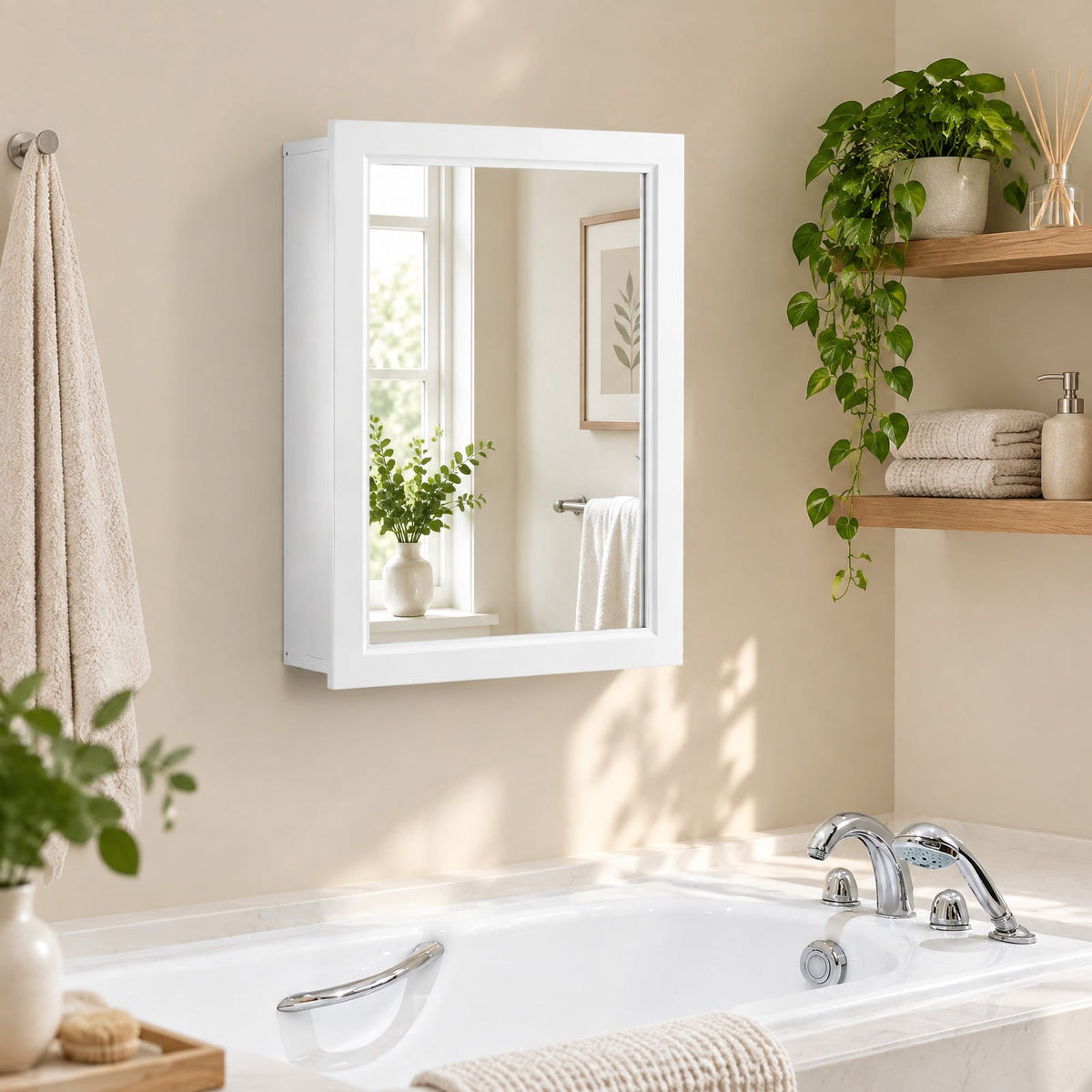 Airfind Wall Mounted Adjustable Medicine Storage Mirror Cabinet, MDF glass Frame, 20 Inch x 6 Inch x 26 Inch Footprint, White