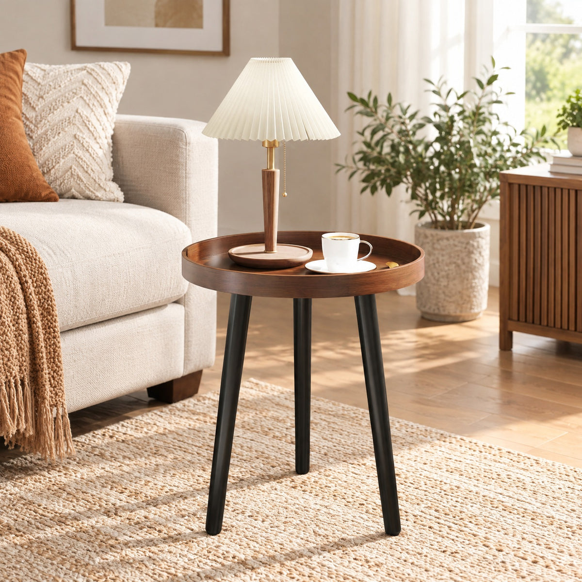 Airfind Mid Century Modern Round Side Sofa Coffee Table with Wooden Tray, 33 lbs Capacity, MDF panel bamboo feet Frame, Brown
