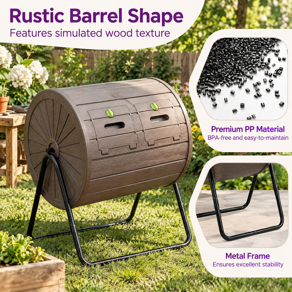 Airfind Compost Tumbler 37.5 Gallon Large Outdoor Compost Bin, PP Metal Frame, 28 x 25 x 36 Barrel Bin Footprint, Coffee