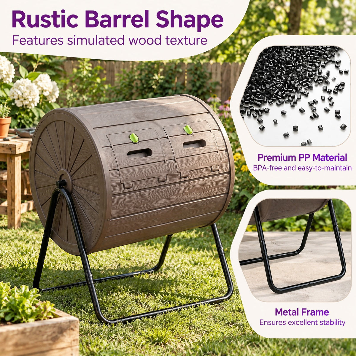 Airfind Compost Tumbler 37.5 Gallon Large Outdoor Compost Bin, PP Metal Frame, 28 x 25 x 36 Barrel Bin Footprint, Coffee