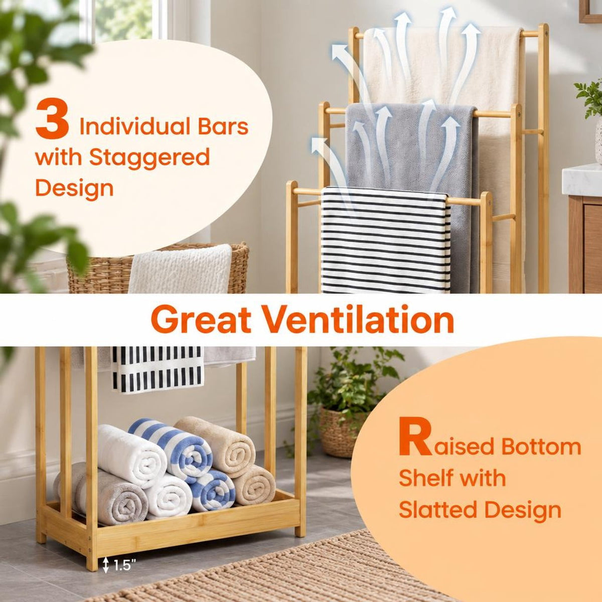 AIRFIND Bamboo Towel Rack, 3 Tier Freestanding Bathroom Organizer with Lower Storage Shelf and 5.5 lb Holding Capacity, Natural