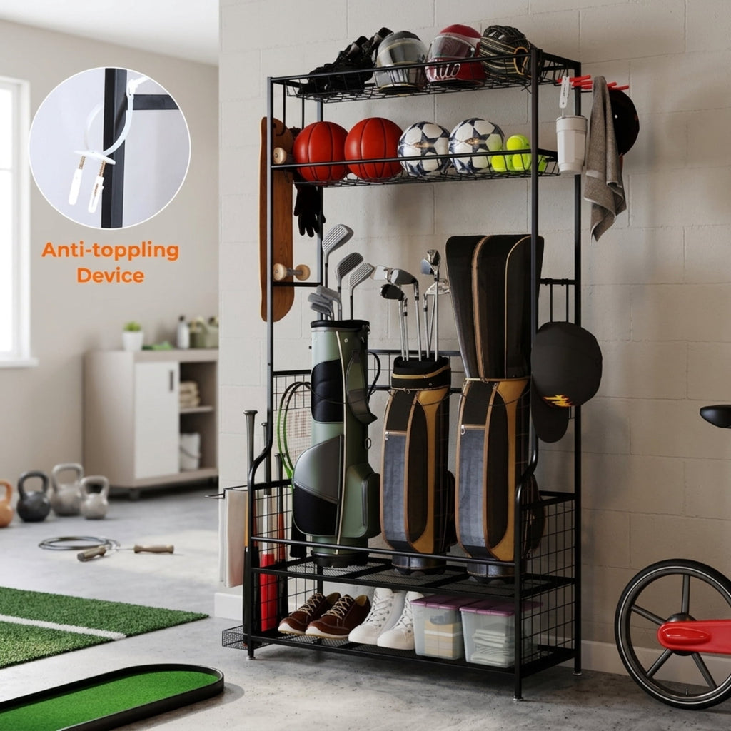 Airfind Mobile Golf Bag Storage Organizer for 3 Bags with Club Rack and Baskets and Locking Casters for Garage and Basement, Black