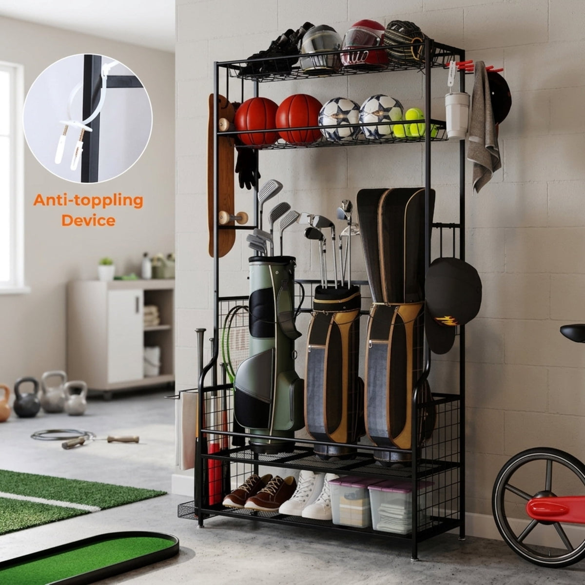 Airfind Mobile Golf Bag Storage Organizer for 3 Bags with Club Rack and Baskets and Locking Casters for Garage and Basement, Black