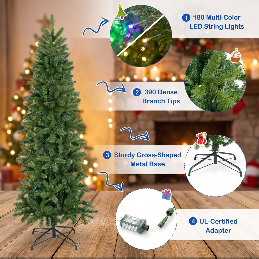 Airfind Pencil Christmas Tree with 180 Warm White and Multi, PVC PE Metal Tree Height 5ft Tree Width 2ft Frame, White