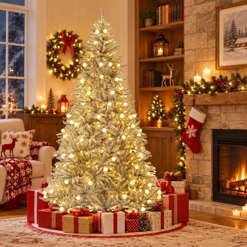 Airfind 8 Feet Snow-flocked Artificial Christmas Tree Pre-lit Hinged with 81 Sphere Lights and Remote, Green White