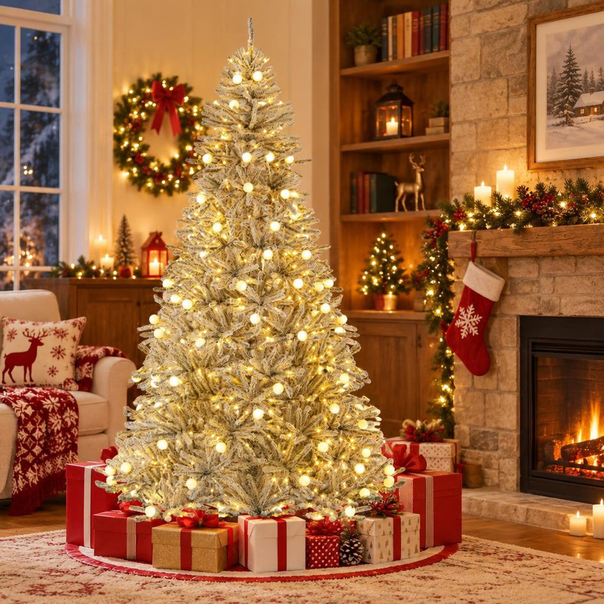 Airfind 8 Feet Snow-flocked Artificial Christmas Tree Pre-lit Hinged with 81 Sphere Lights and Remote, Green White