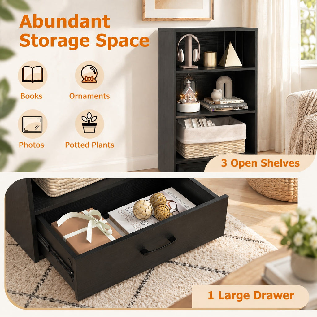 Airfind 48 Inch Tall 4 Tiers Wood Bookcase with Drawer, 88 lbs Capacity, Engineered Wood MDF Frame, 24in x 15in x 42.5in Footprint, Black
