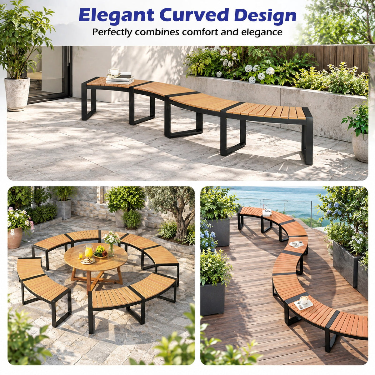 Airfind Patio Curved Bench with Slatted Seat and Metal Legs-1 Piece, 57.5 x 23 x 18Seat Depth 16Weight Footprint